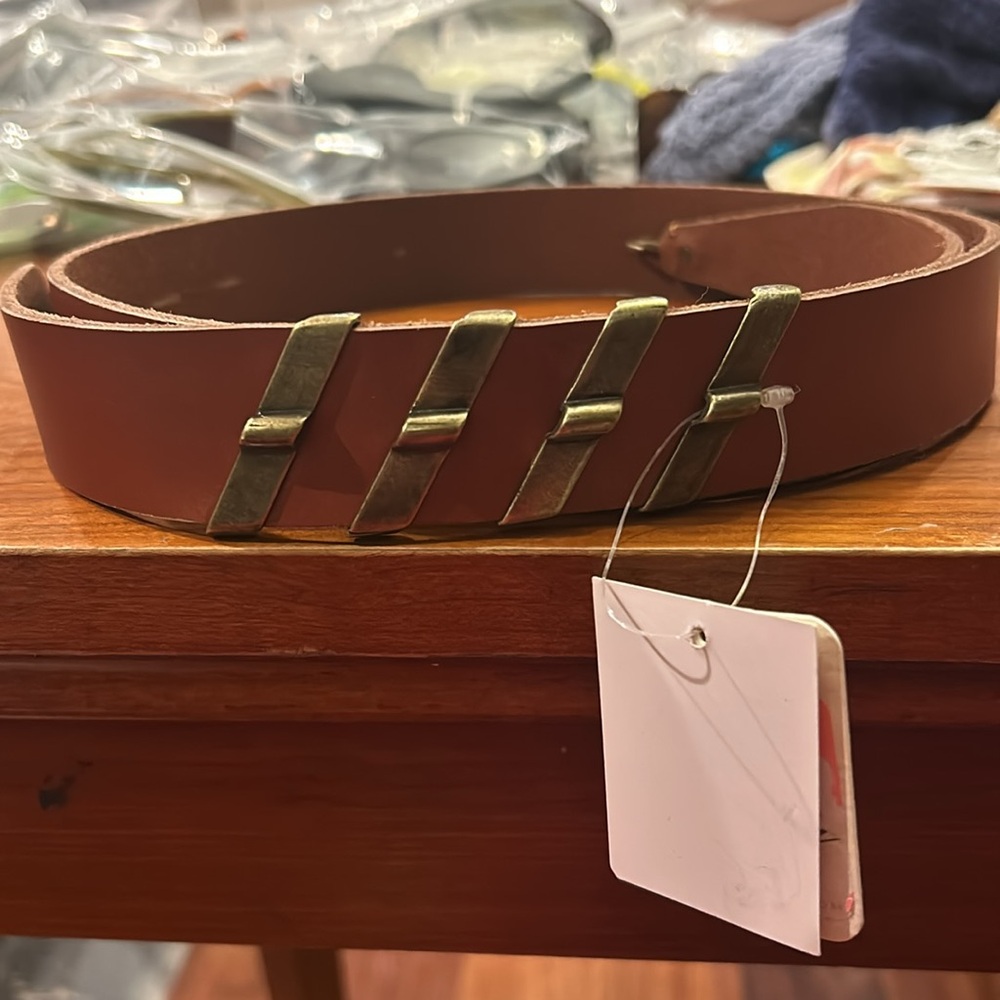 Free People Brown Leather Belt with Brass Accents